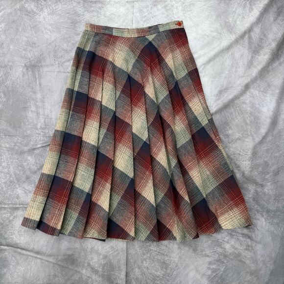 Women's Vintage 90's Casual Corner Wool Pleated Blue Red Midi Skirt Sz 11/12 VTG - Picture 1 of 9